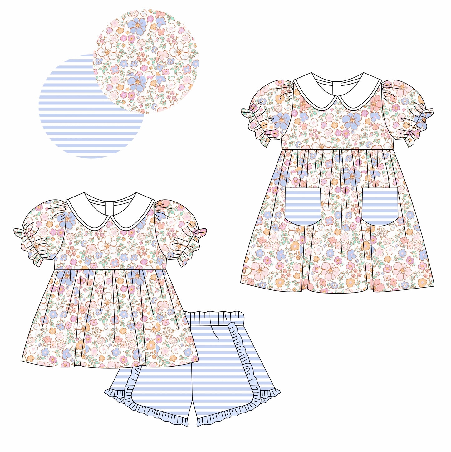 11.11 custom each style moq 5eta 4-6week Sibling Sister floral baby girl short sleeve shorts sets and dresses match design