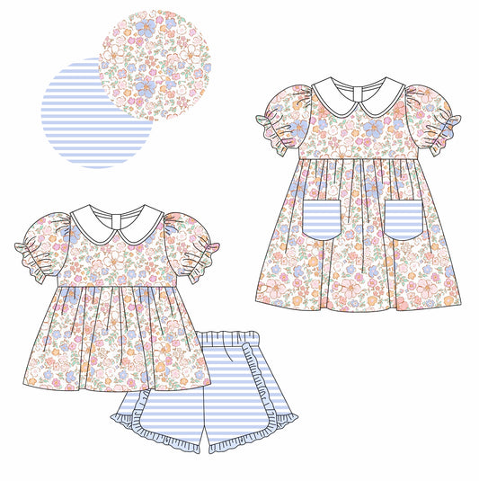 11.11 custom each style moq 5eta 4-6week Sibling Sister floral baby girl short sleeve shorts sets and dresses match design