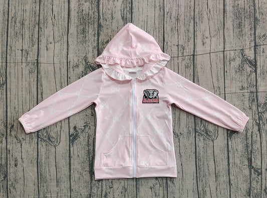 Custom moq 5 mix size milk silk baby girls clothes team summer lace bow pink zipper hooded long sleeve top-25.11.22