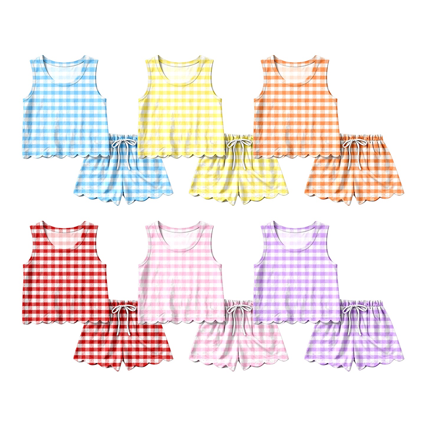 4.11 Custom moq 5 mix size Sibling Baby Girl's Checked Sleeveless Top Scallop shorts Set Cute Casual Outfit