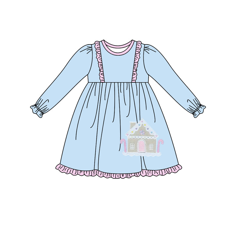 9.13 custom each style moq 5eta 4-6week Sibling Sister Christmas pink and blue house baby girl sets and dress and rompers match family design
