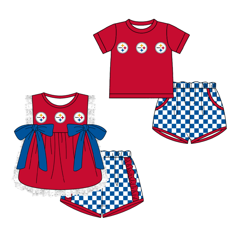 Custom moq 5 mix size milk silk summer teams Red  Girl Sleeveless Top And Plaid Shorts Set with Bow Boy Short Sleeved Top And Plaid Shorts Set