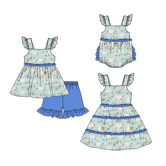 26.1.24 custom each style moq 5 eta 6-8week Sibling Sister floral baby short sleeve shorts sets and romper and dress match design