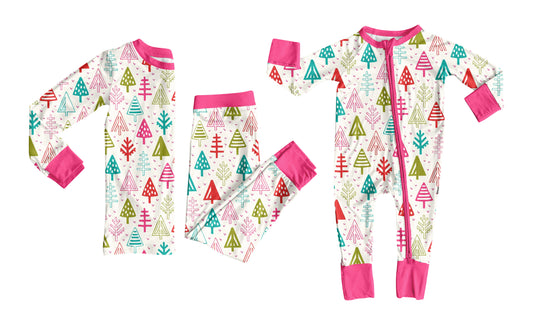 25.6.27 custom each style moq 5eta 4-6week Sibling Sisters Christmas trees pink baby boy long sleeve pants sets and rompers match family design