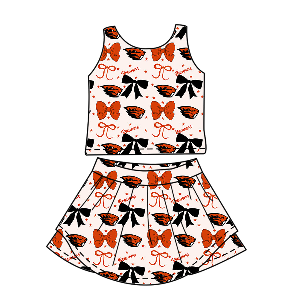 Custom moq 5 mix size milk silk summer teams baby girls clothes team bow orange sleeveless skirts sets and dress 1 and dress 2 and dress 3-25.6.24