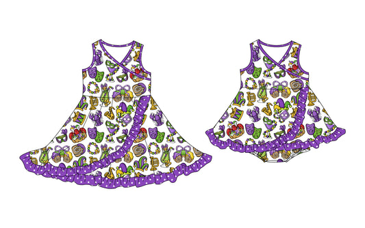 25.10.11 custom each style moq 5 eta 6-8week Sibling Sisters mardi gras baby girl short sleeve dress and romper match family design