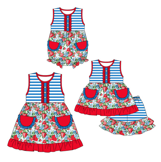 12.14 custom each style moq 5eta 4-6week Sibling Sister strawberry baby girl short sleeve shorts sets and dress and rompers match family design