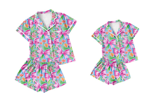 12.18 custom each style moq 5eta 4-6week Sibling Sister bow floral short sleeve shorts sets and adult sets match design