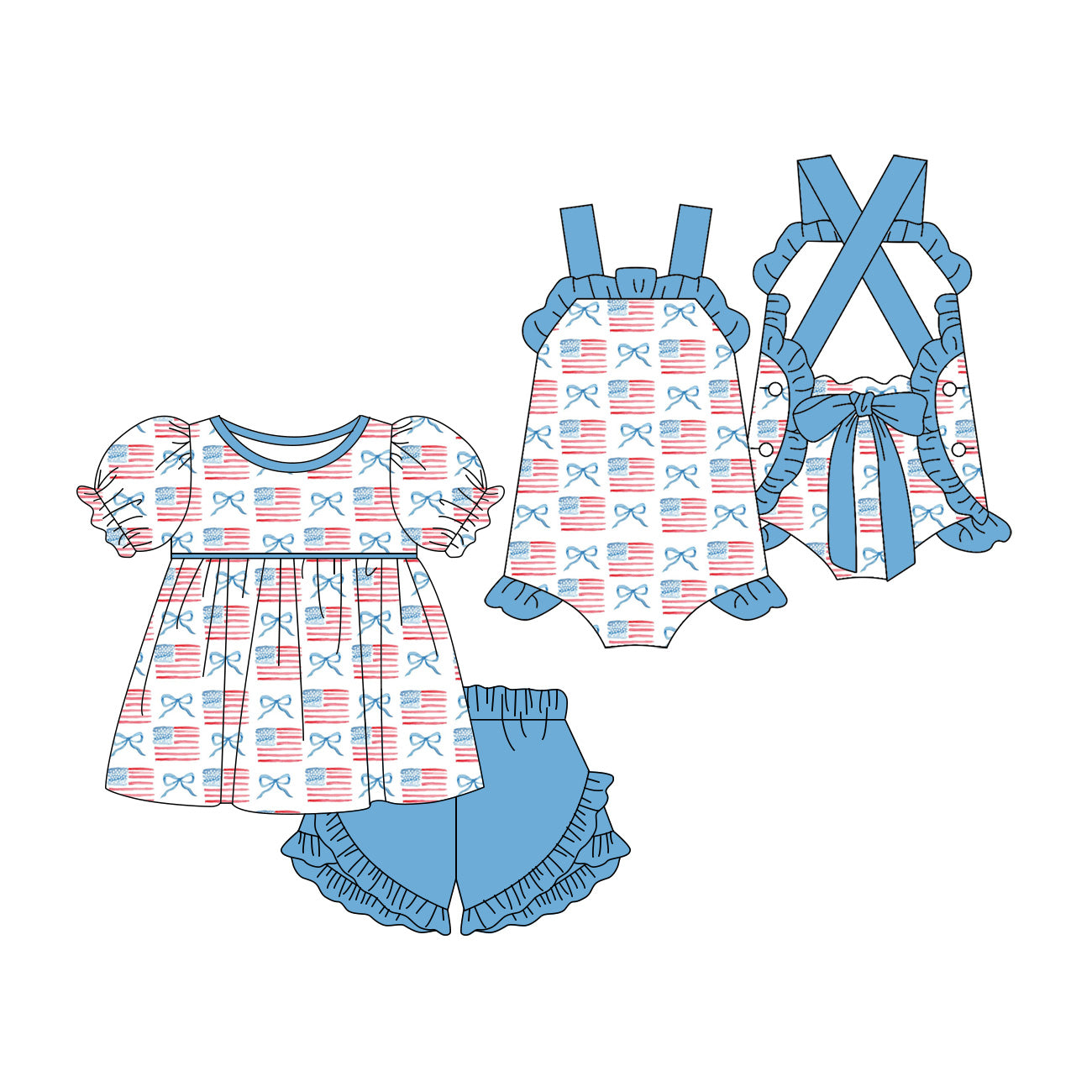 3.16 Custom moq 5 mix size Sibling Baby Girl's 4th of July Short Sleeves Top And Blue Ruffle Short Set Cute Romper for Summer