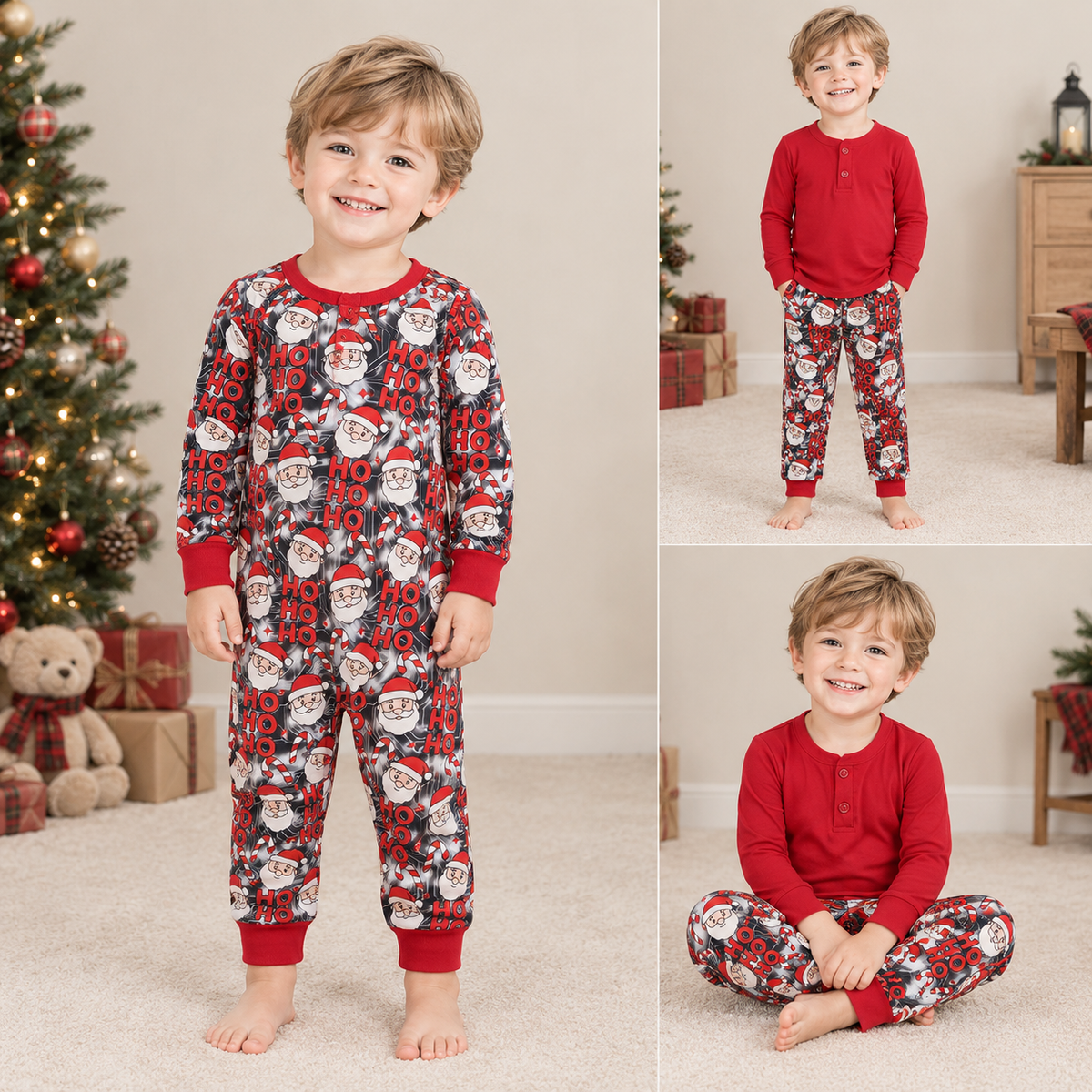 RTS NO MOQ Sibling milk silk Baby Boys Red Long Sleeve Top Santa Print Pants Set Romper
