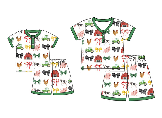 4.24 custom each style moq 5eta 4-6week Sibling Sister farm animal bow short sleeve shorts sets and adult sets match design