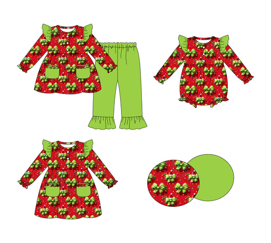 25.7.29 custom each style moq 5eta 4-6week Sibling Sisters Christmas bow baby girl long sleeve pants sets and dress and rompers match family design