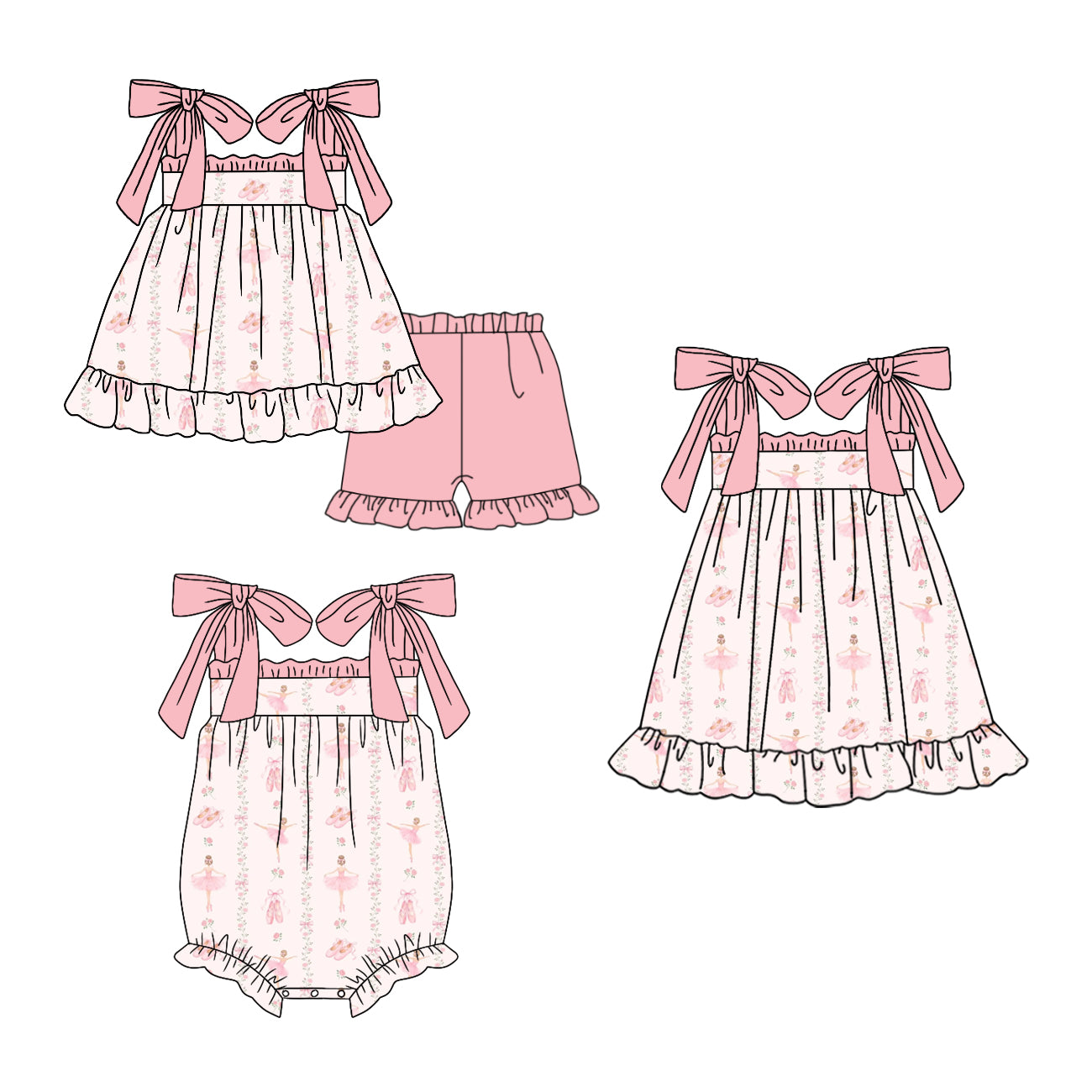 Custom moq 5 mix size Pink Floral Bow Print Romper Dress Top And Shorts Set for Baby Girls Cute Outfit