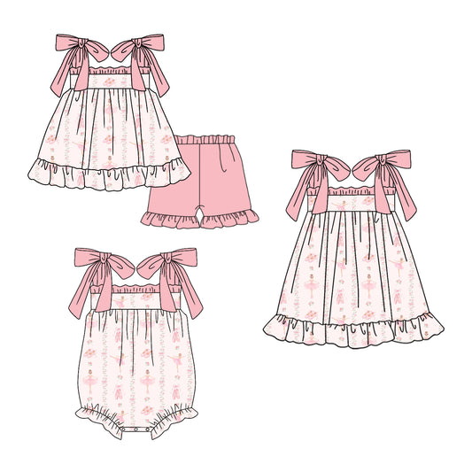 Custom moq 5 mix size Pink Floral Bow Print Romper Dress Top And Shorts Set for Baby Girls Cute Outfit