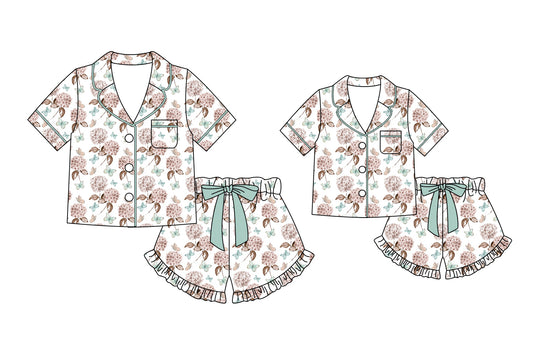 3.6 Custom moq 5 mix size Sibling Mom And Me Floral Pajama Set Short-Sleeved Top And Shorts Matching Sleepwear