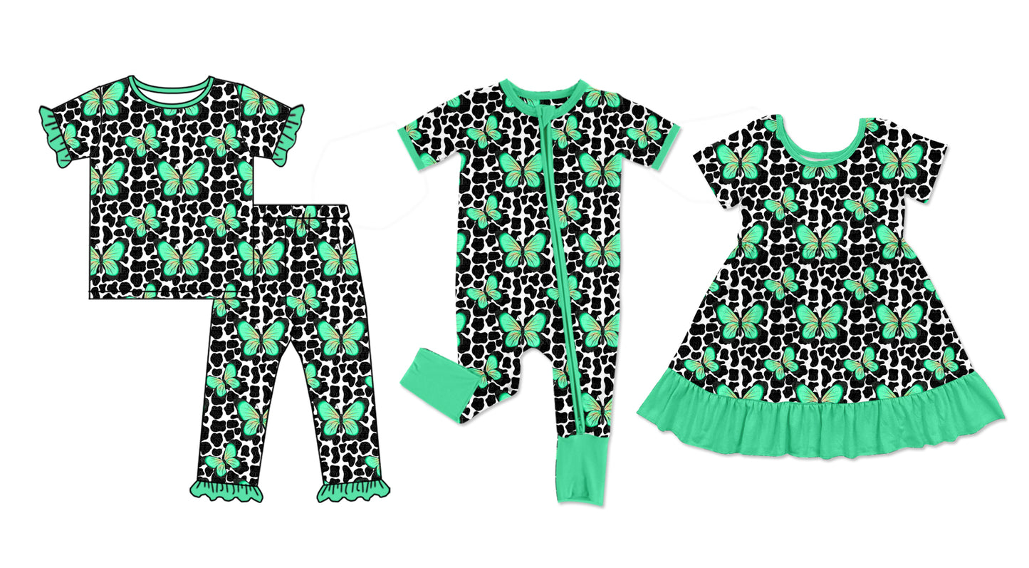 Custom moq 5 mix size Sibling Green Baby Girl Short-Sleeved Pajama Set with Zipper Romper And Dress Cute Toddler Outfit