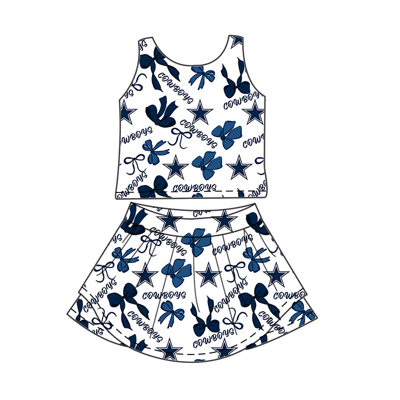 Custom moq 5 mix sizes summer teams baby girls clothes team blue short sleeve skirts shorts sets 1 and skirts sets 2 and and skirts sets 2 and dress 1 and dress 2 and dress 3 and dress 4-25.6.5