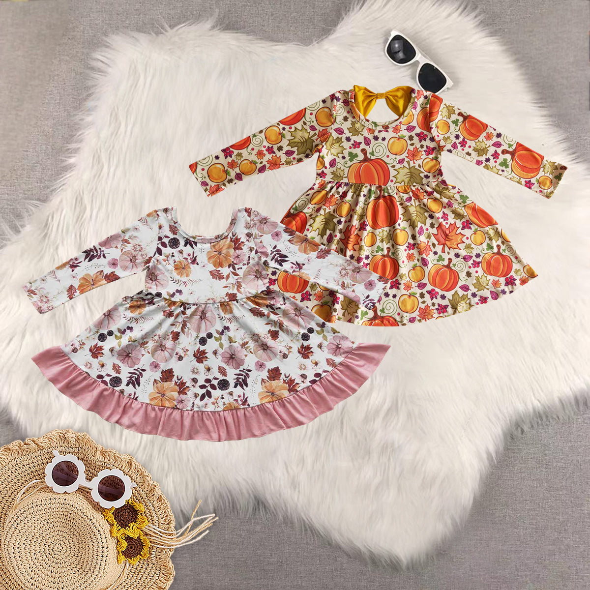 RTS NO MOQ Sibling baby girls clothes pumpkin long-sleeved dresses