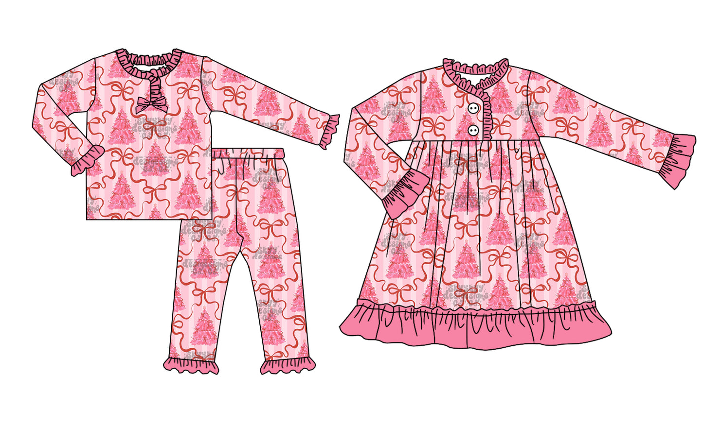 25.8.25 custom each style moq 5eta 4-6week Sibling Sisters Christmas trees bow baby girl long sleeve pants sets and dress match family design