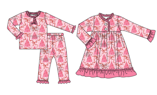 25.8.25 custom each style moq 5eta 4-6week Sibling Sisters Christmas trees bow baby girl long sleeve pants sets and dress match family design