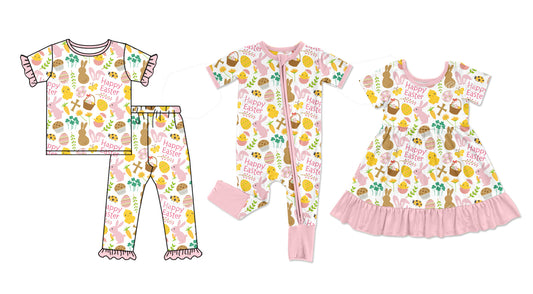 25.9.22 custom each style moq 8 eta 6-8week Sibling Sisters bunny baby girl short sleeve pants sets and dress and rompers match family design
