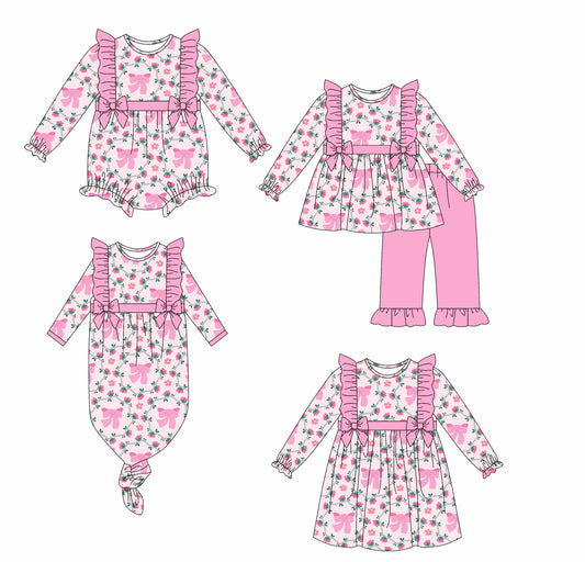 25.6.14 custom each style moq 5eta 4-6week Sibling Sisters bow pink baby girl long sleeve pants sets and dress and rompers and nightgown match family design