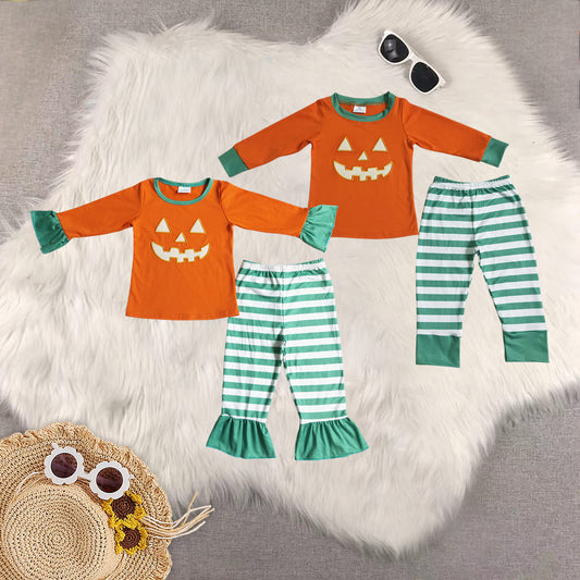 RTS NO MOQ Sibling Baby Girls embroidery halloween Long Sleeve Pants Set