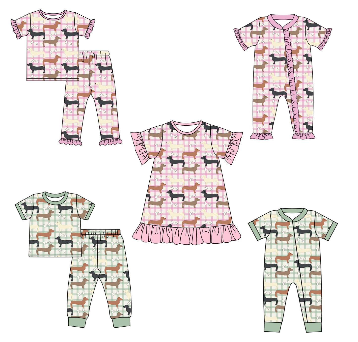 4.3 custom each style moq 5eta 4-6week Sibling Sister puppy baby girl short sleeve pant sets and sets 2 and boy romper and girl romper and dress match design