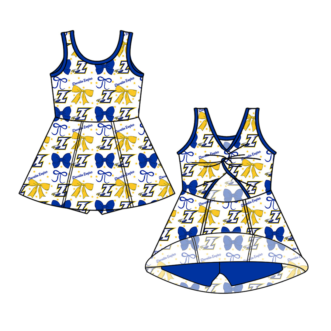 Custom moq 5 mix size milk silk baby girls clothes team bow blue hooded long sleeve tops and and skirts sets and dress and shorts-25.7.17