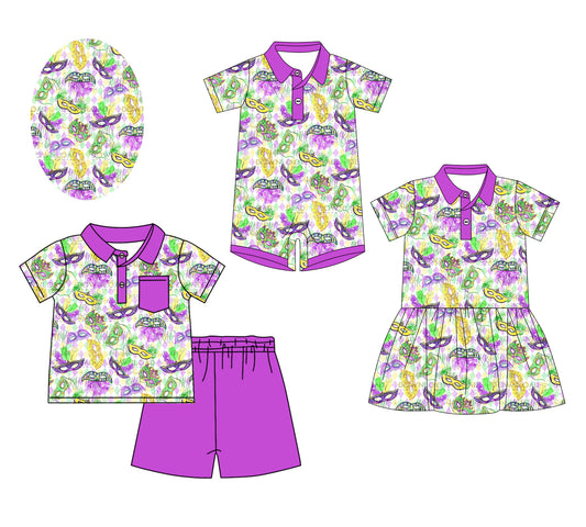 12.6 custom each style moq 5eta 4-6week Sibling Sister mardi gras baby girl short sleeve shorts sets and dress and rompers match family design