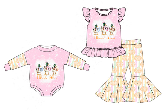 25.5.7 custom each style moq 5eta 4-6week Sibling Sister HELLO FALL baby girl short sleeve pants sets and rompers match family design