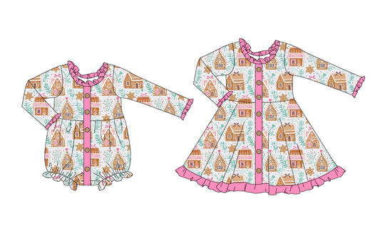 25.5.25 custom each style moq 5eta 4-6week Sibling Sisters Christmas house baby girl long sleeve dress and rompers match family design