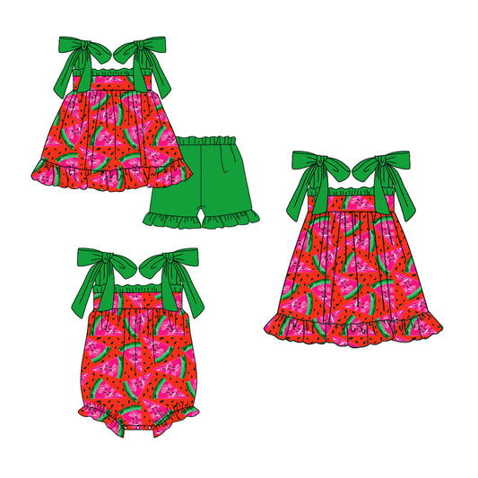 11.20 custom each style moq 5eta 4-6week Sibling Sister watermelon baby girl short sleeve shorts sets and dress and rompers match family design