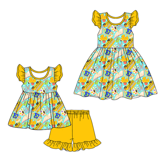 3.11 Custom moq 5 mix size Sibling Baby Girl's Back To School  Flutter Sleeve Top And Yellow Shorts Set Matching Cute Dress for Summer