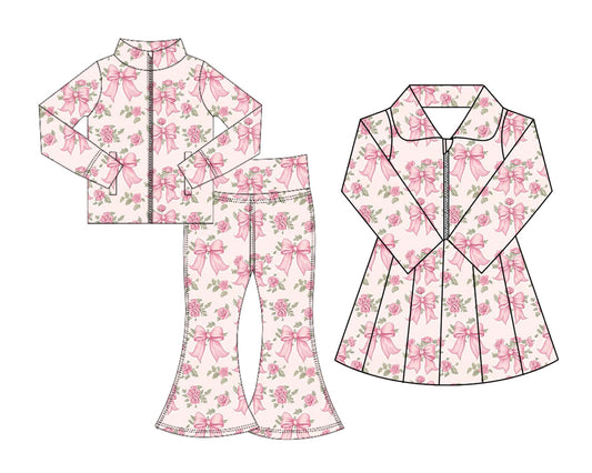 25.7.18 custom each style moq 5eta 4-6week Sibling Sisters bow floral pink baby girl long sleeve pants sets and dress match family design