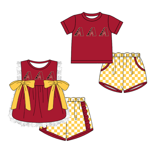 Custom moq 5 mix size milk silk summer teams Red Girl Sleeveless Top And Plaid Shorts Set with Bow Boy Short Sleeved Top And Plaid Shorts Set