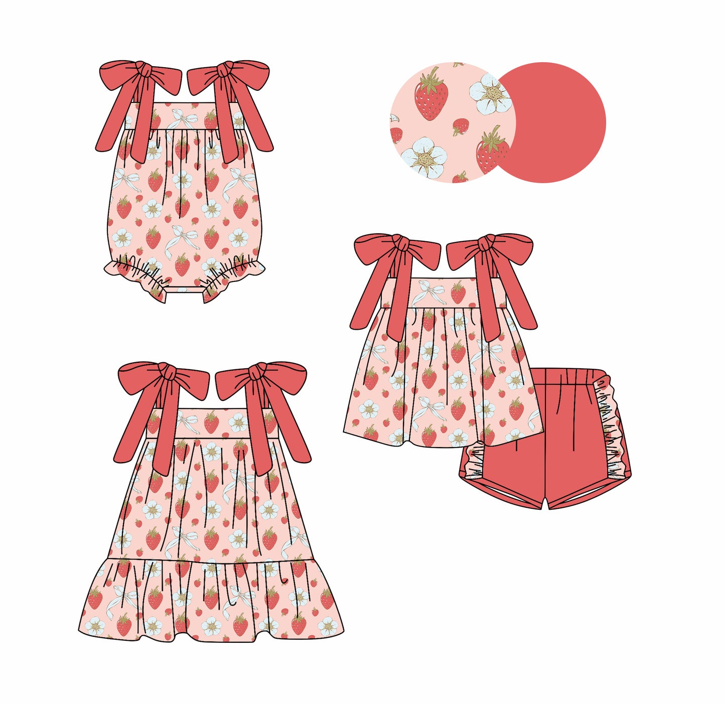 25.10.27 custom each style moq 5 eta 6-8week Sibling Sister strawberry floral baby short sleeve shorts sets and romper and dress match design