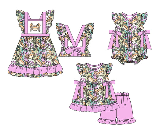 11.27 custom each style moq 5eta 4-6week Sibling Sister crab baby girl short sleeve shorts sets and dress and rompers match family design