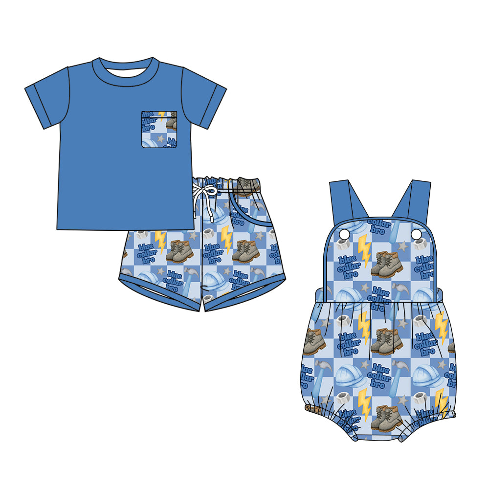 Custom moq 5 mix size Sibling blue Baby Boys Romper Short-Sleeved Top And Shorts Set for Infants