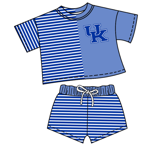 Custom moq 5 mix size milk silk summer teams Children's blue Striped Outfit Set Short-Sleeved Crew Neck Top And Drawstring Shorts for Kids