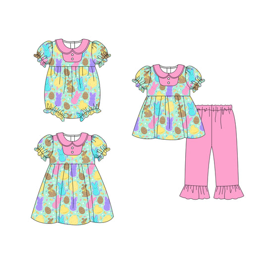 25.10.18 custom each style moq 5 eta 6-8week Sibling Sisters bunny baby girl short sleeve pants sets and dress and rompers match family design