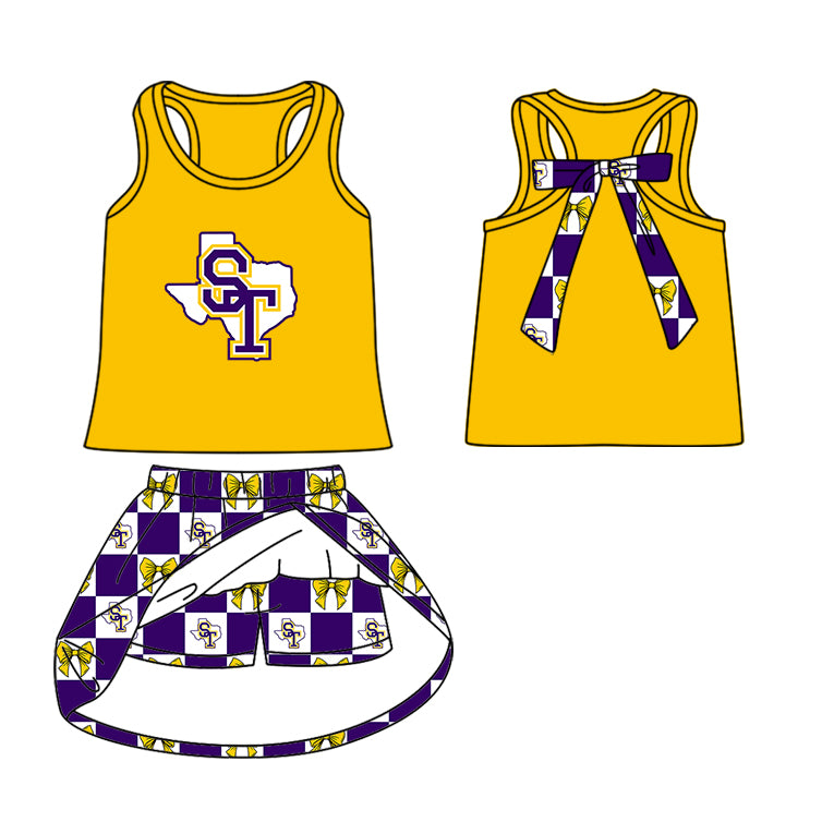 Custom moq 5 mix size milk silk summer teams Purple Checked Bows Baby Girl Sleeveless Yellow Top Skirt Short Set Dress And Shorts Yoga Outfit Boy's Top Shorts Set Romper