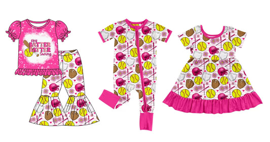 12.5 custom each style moq 5eta 4-6week Sibling Sister BATTER baseball pink baby girl sets and dress and rompers match family design