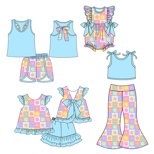 4.22 custom each style moq 5eta 4-6week Sibling Sisters floral baby girl short sleeve shorts sets 1 and sets 2 and pants sets and rompers match family design