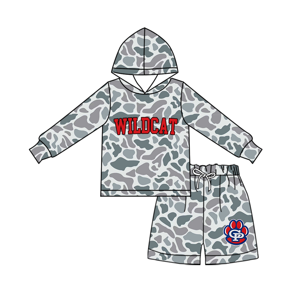 custom moq 5 mix size MSD072405 Baby Kids Grey Camo Long Sleeve Hoodie Top Camo Shorts Team Set
