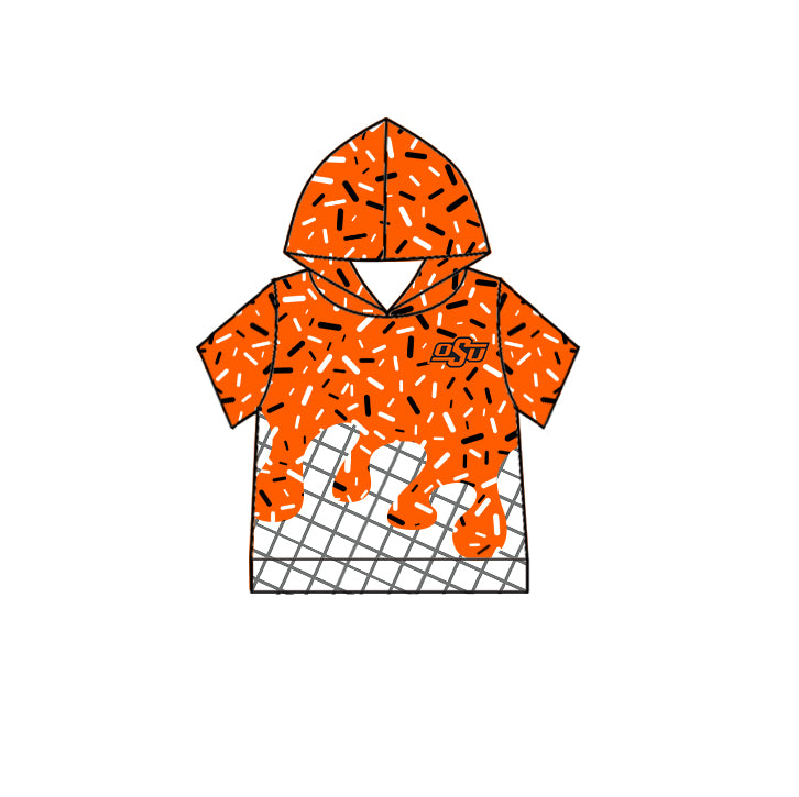 Custom moq 5 mix size milk silk summer teams Baby Camo Hooded Short Sleeve Top and Shorts Set Orange Ice Cream Drips Hooded Top with Matching Shorts