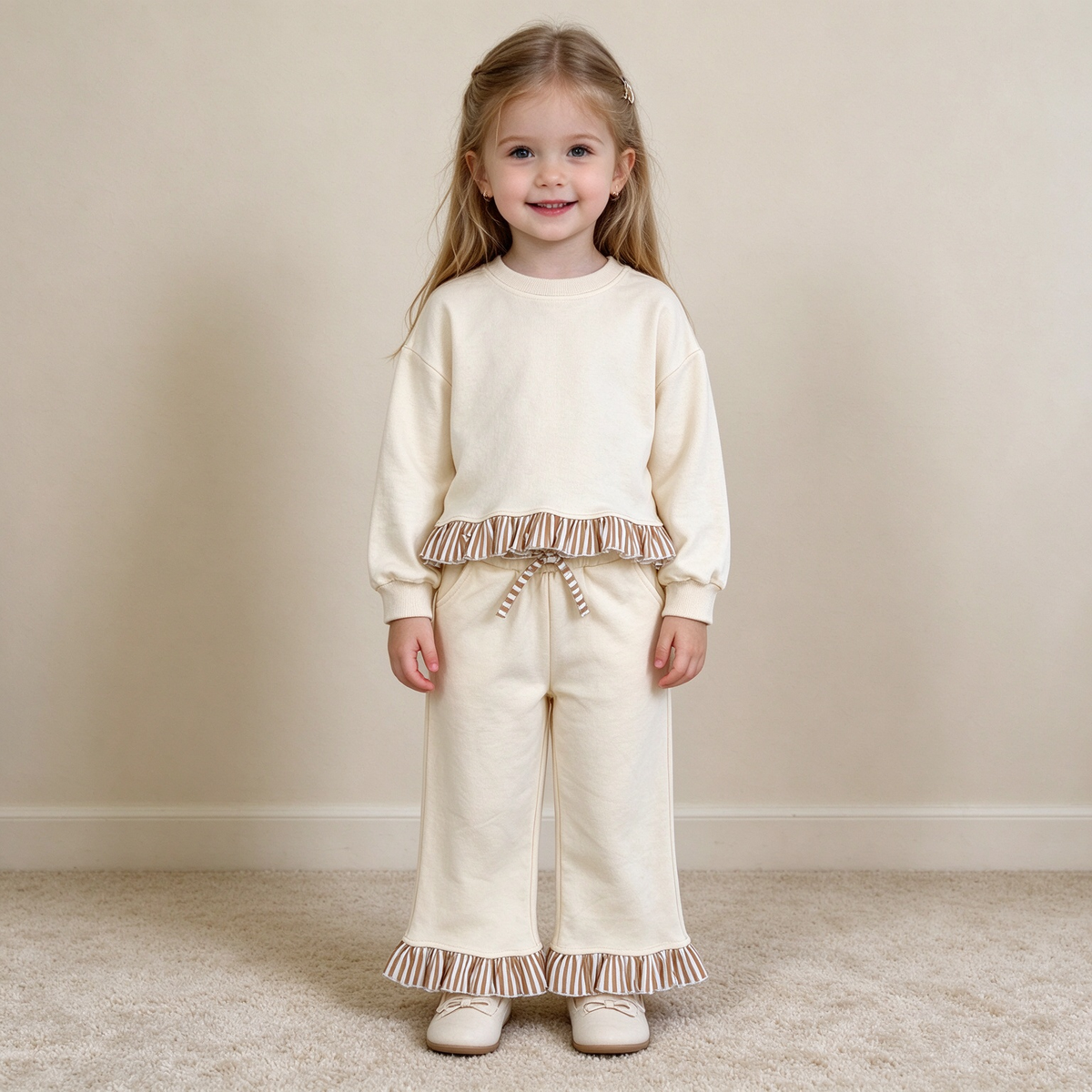 NEW RTS NO MOQ fleece GLP3645 Sweatshirt Material Kids Girls Beige Long Sleeve Top Pockets Pants Sweatshirt Fall Outfit