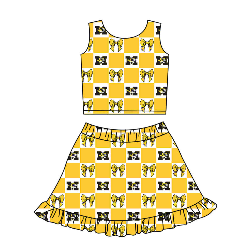 Custom moq 3 or 5 mix size milk silk summer teams baby girl clothes bow yellow sleeveless skirts sets-26.1.19