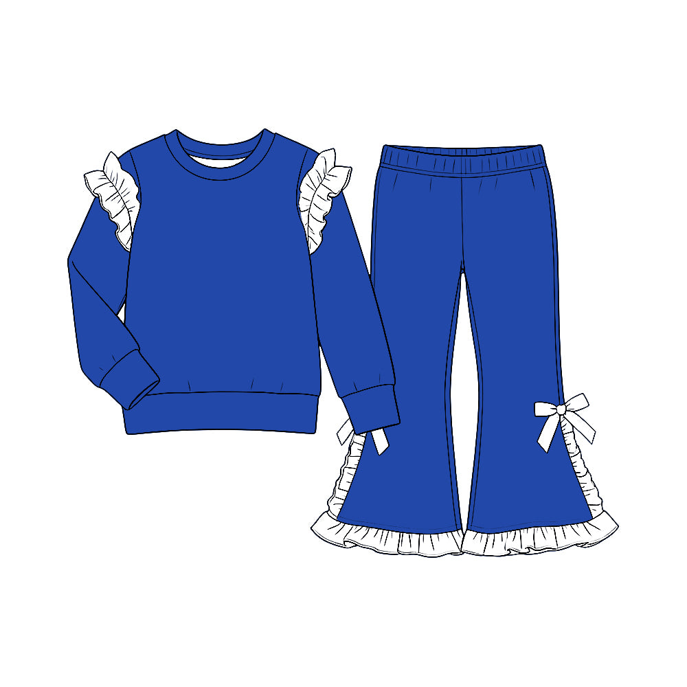 custom moq 5 mix size Baby Girls Royal Blue and White Solid Ruffle Shoulder Sweatshirt And Ruffle Hem Bow Flare Pant Set