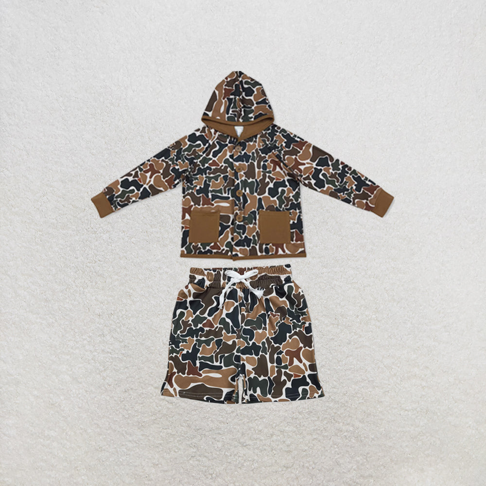 RTS NO MOQ Sibling milk silk Baby Boys Brown Camo Printed Hoodie Top Pocket Short Clothes Set Daily Outfit